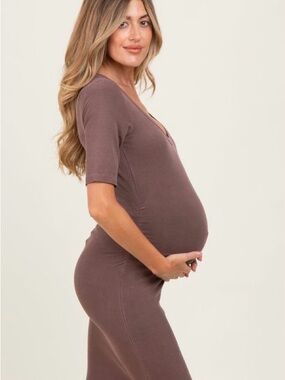 Brown V-Neck Midi Dress